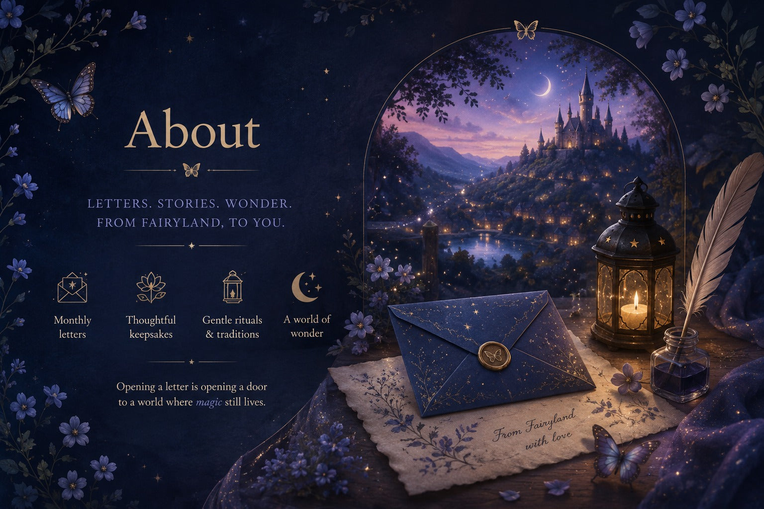 About — Letters. Stories. Wonder. From Fairyland, to you. Opening a letter is opening a door to a world where magic still lives.