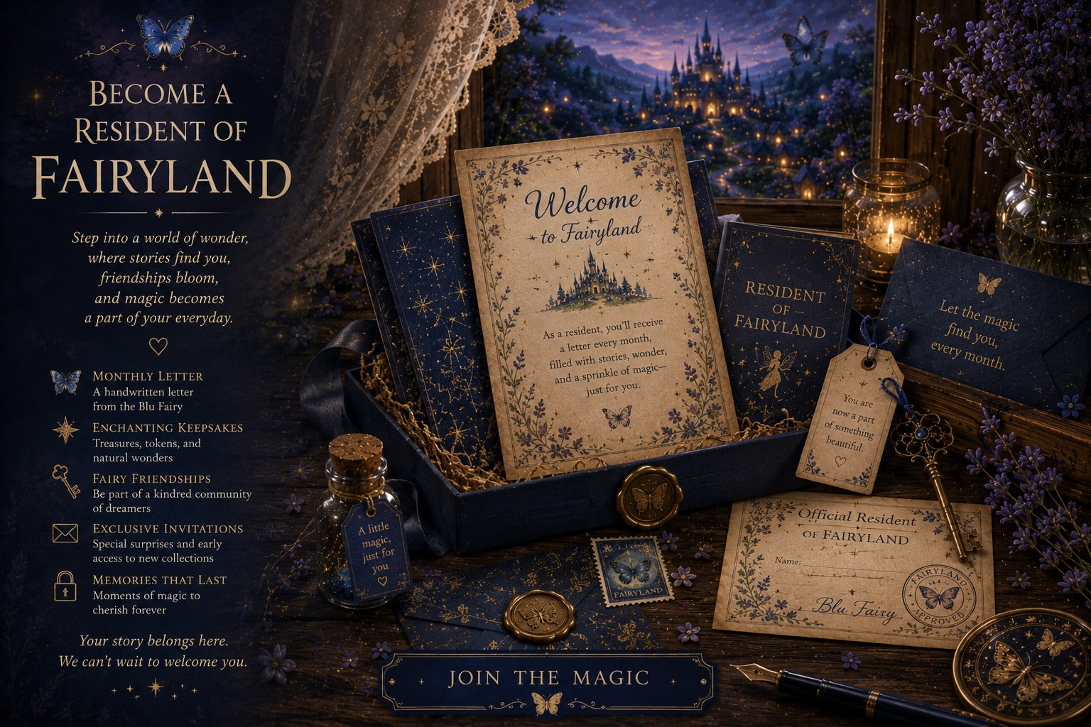 Become a Resident of Fairyland: step into a world of wonder, where stories find you, friendships bloom, and magic becomes part of your everyday. Monthly letter, enchanting keepsakes, fairy friendships, exclusive invitations, memories that last.