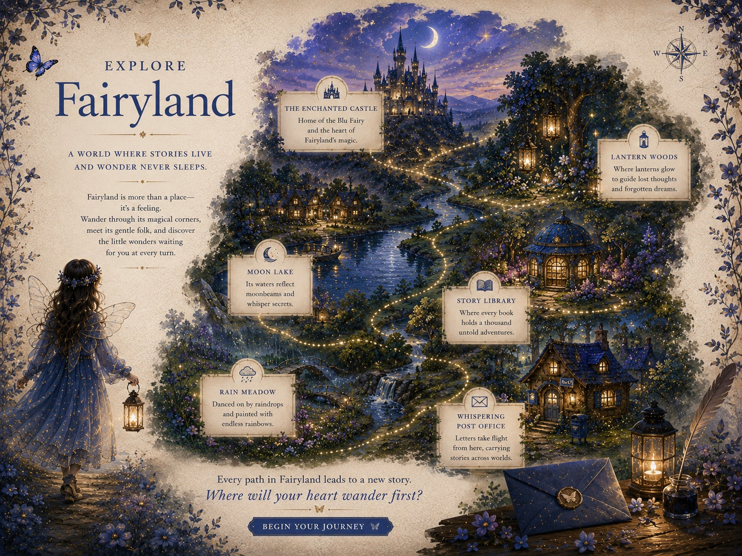 Explore Fairyland: a world where stories live and wonder never sleeps. The Enchanted Castle, Lantern Woods, Moon Lake, Story Library, Rain Meadow, and the Whispering Post Office.