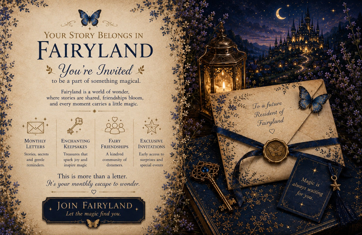 Your story belongs in Fairyland. You're invited to be a part of something magical — monthly letters, enchanting keepsakes, fairy friendships, exclusive invitations. This is more than a letter, it's your monthly escape to wonder.