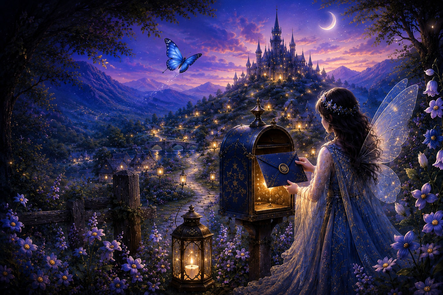 A fairy posts a glowing letter into an enchanted mailbox at dusk, a blue butterfly overhead, with a lit castle on the hill beyond.