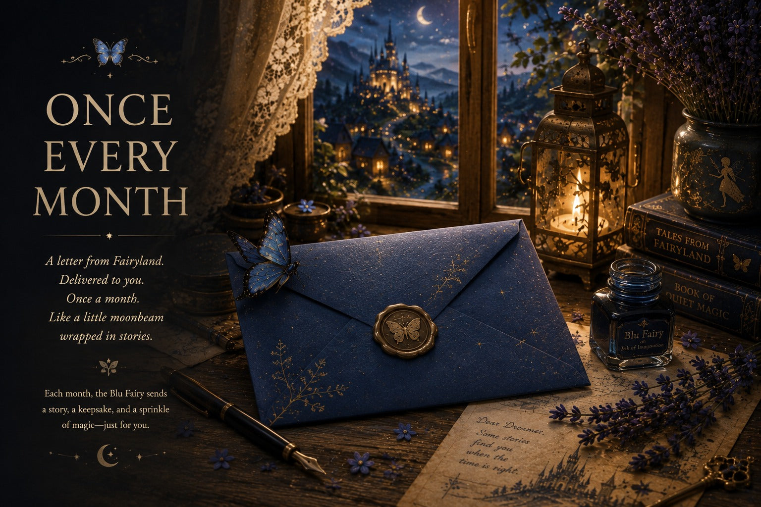 Once Every Month: a letter from Fairyland, delivered to you, like a little moonbeam wrapped in stories. Each month the Blu Fairy sends a story, a keepsake, and a sprinkle of magic — just for you.