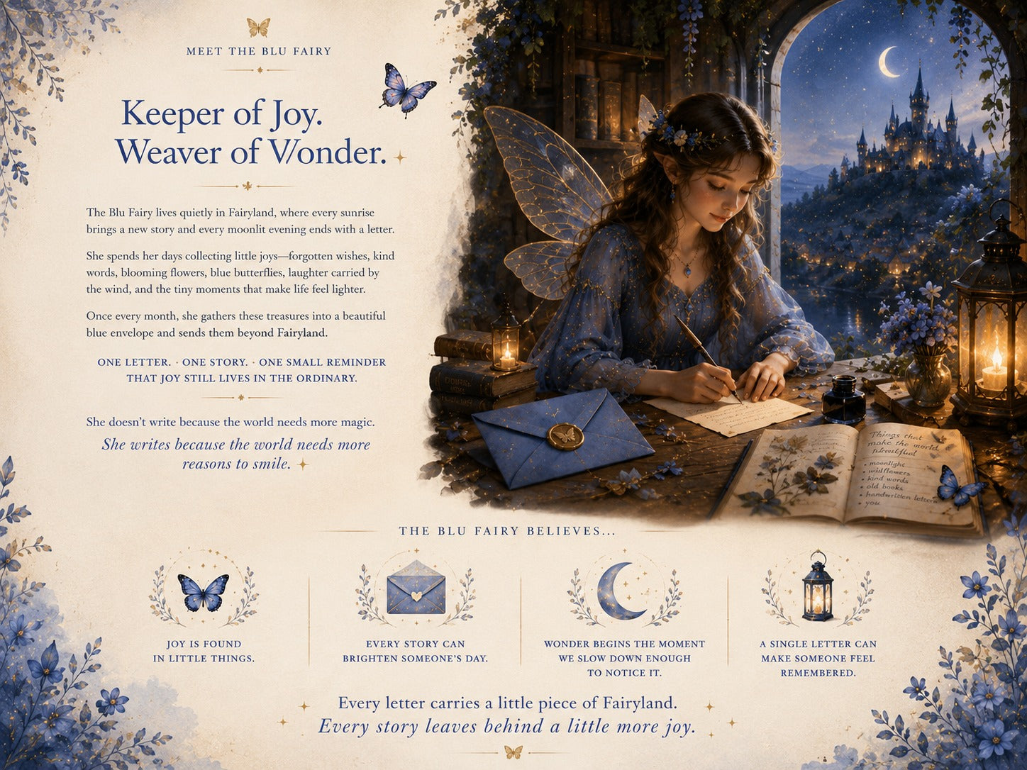 Meet the Blu Fairy — Keeper of Joy, Weaver of Wonder. The Blu Fairy believes joy is found in little things.