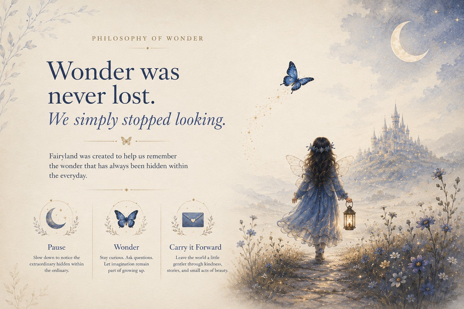 Philosophy of Wonder: wonder was never lost, we simply stopped looking. Pause. Wonder. Carry it Forward.