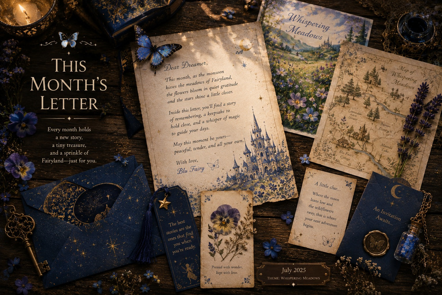 This Month's Letter: every month holds a new story, a tiny treasure, and a sprinkle of Fairyland — just for you. A handwritten letter, a map, a bookmark, a pressed flower, and an invitation, sealed with love.