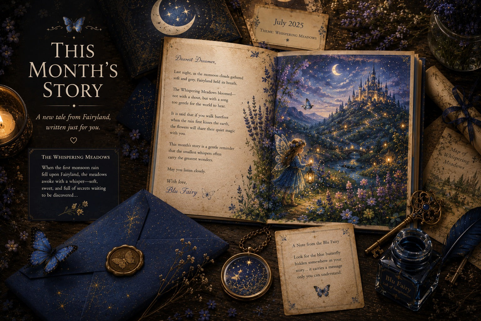 This Month's Story: a new tale from Fairyland, written just for you. The Whispering Meadows — when the first monsoon rain fell upon Fairyland, the meadows awoke with a whisper, soft and sweet, full of secrets waiting to be discovered.